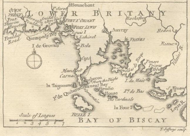 Figure 3 – Vintage English map of Lower Brittany by the English geographer Thomas Jefferys (1746) featuring Saint-Nazaire (“S.Nazare”) in the estuary of the river Loire where Prince Charles Edward Stuart embarked on board the sloop Du Teillay on 2 July 1745 (N.S.). The ship was bound for the island of Belle-Ile, the rendezvous point with her escort L’Elisabeth, from where the Prince headed for Scotland.